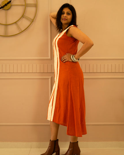 Indie Sway Sleeveless Up-Down Khadi Cotton Orange Dress