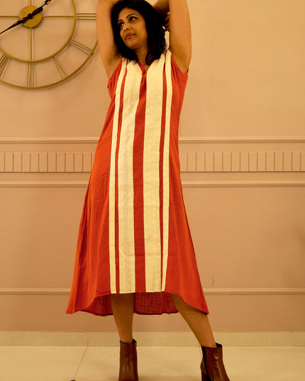 Indie Sway Sleeveless Up-Down Khadi Cotton Orange Dress