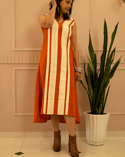 Indie Sway Sleeveless Up-Down Khadi Cotton Orange Dress