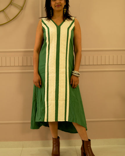 Indie Sway Sleeveless Up-Down Khadi Cotton Green Dress
