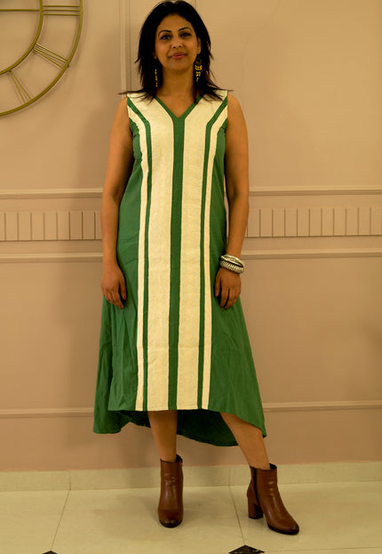 Indie Sway Sleeveless Up-Down Khadi Cotton Green Dress