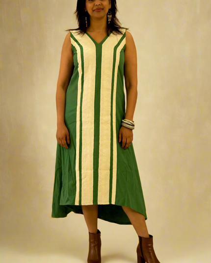 Indie Sway Sleeveless Up-Down Khadi Cotton Green Dress