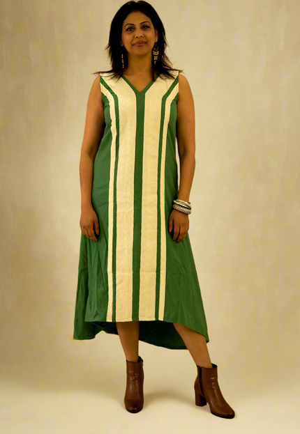 Indie Sway Sleeveless Up-Down Khadi Cotton Green Dress