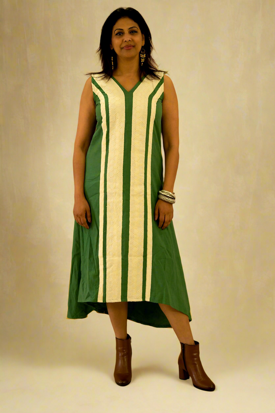 Indie Sway Sleeveless Up-Down Khadi Cotton Green Dress