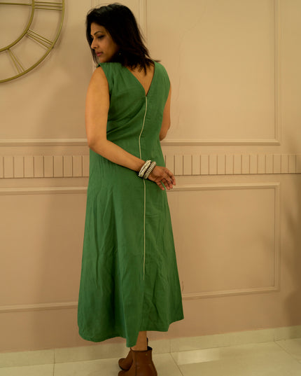 Indie Sway Sleeveless Up-Down Khadi Cotton Green Dress