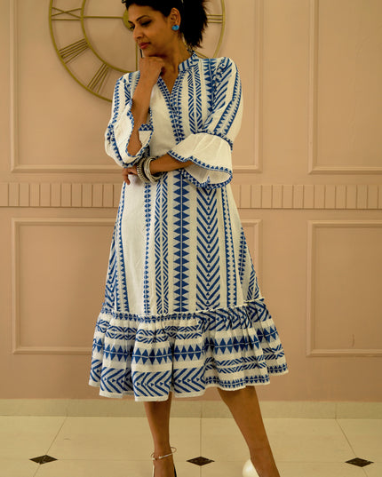 Quirky Tales Long Sleeve Ruffle Trim White-Blue Dress
