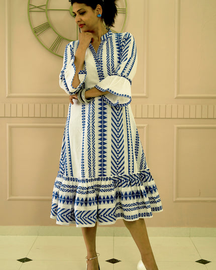 Quirky Tales Long Sleeve Ruffle Trim White-Blue Dress