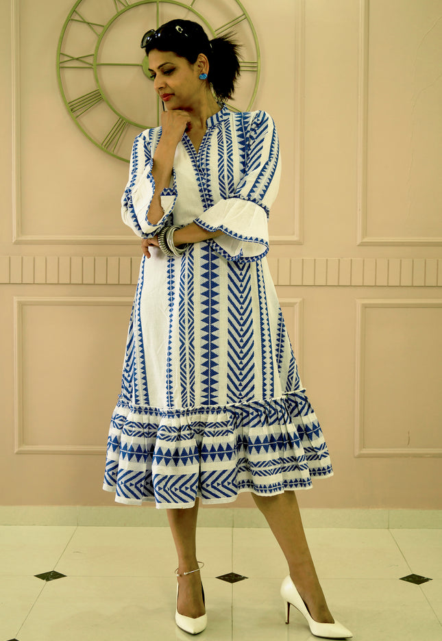 Quirky Tales Long Sleeve Ruffle Trim White-Blue Dress