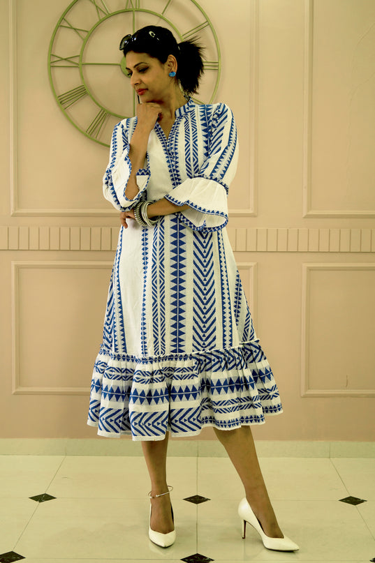 Quirky Tales Long Sleeve Ruffle Trim White-Blue Dress