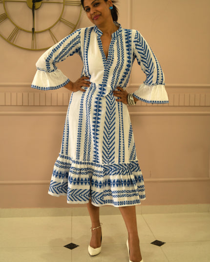 Quirky Tales Long Sleeve Ruffle Trim White-Blue Dress