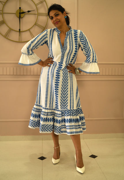 Quirky Tales Long Sleeve Ruffle Trim White-Blue Dress