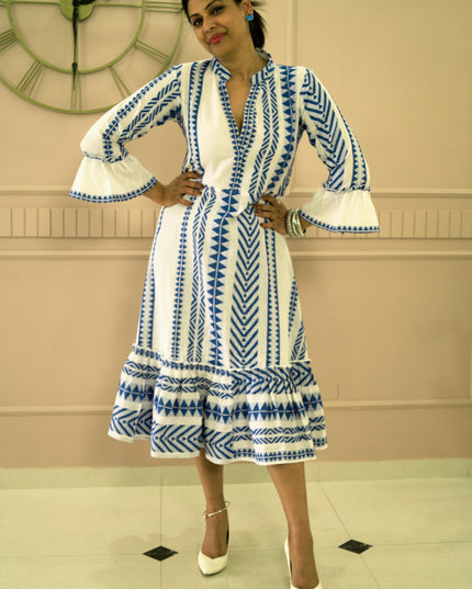 Quirky Tales Long Sleeve Ruffle Trim White-Blue Dress