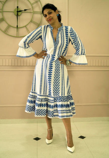 Quirky Tales Long Sleeve Ruffle Trim White-Blue Dress