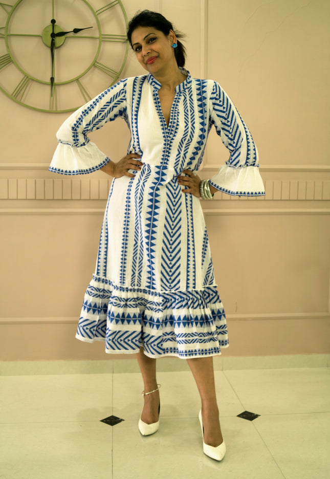 Quirky Tales Long Sleeve Ruffle Trim White-Blue Dress