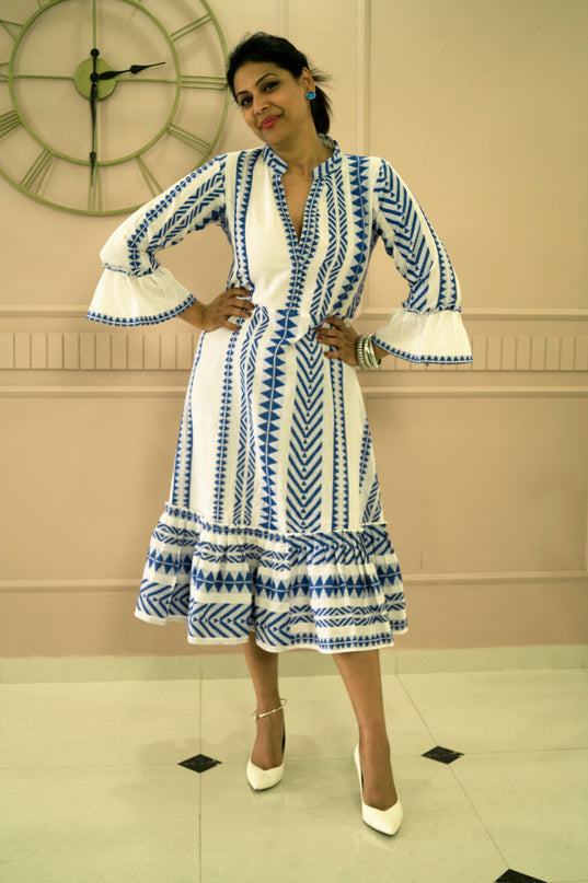 Quirky Tales Long Sleeve Ruffle Trim White-Blue Dress