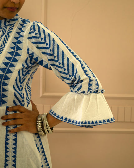 Quirky Tales Long Sleeve Ruffle Trim White-Blue Dress