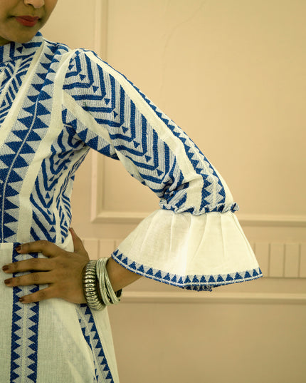 Quirky Tales Long Sleeve Ruffle Trim White-Blue Dress
