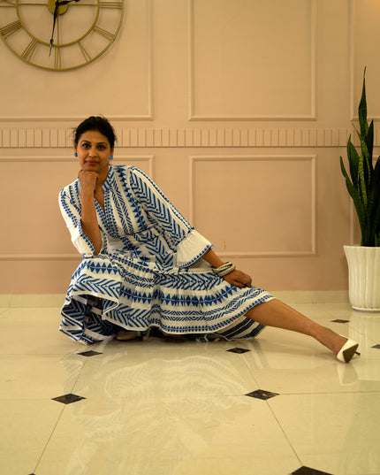 Quirky Tales Long Sleeve Ruffle Trim White-Blue Dress