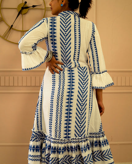 Quirky Tales Long Sleeve Ruffle Trim White-Blue Dress