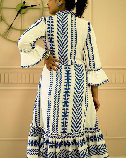 Quirky Tales Long Sleeve Ruffle Trim White-Blue Dress