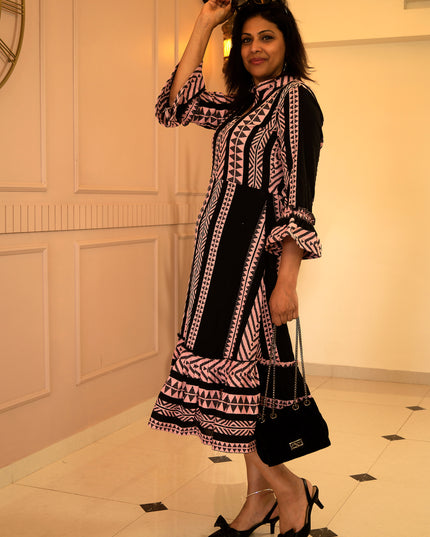 Quirky Tales Long Sleeve Ruffle Trim Black-Peach Dress