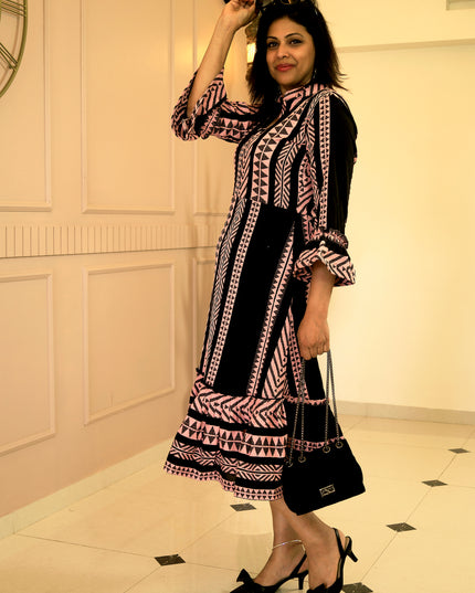 Quirky Tales Long Sleeve Ruffle Trim Black-Peach Dress