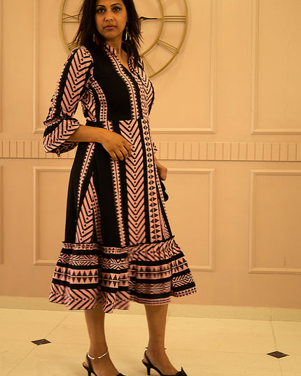Quirky Tales Long Sleeve Ruffle Trim Black-Peach Dress