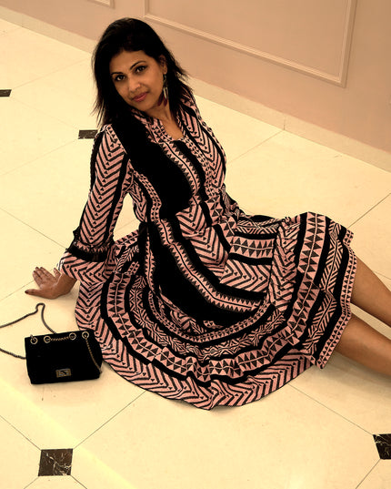 Quirky Tales Long Sleeve Ruffle Trim Black-Peach Dress