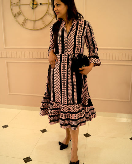 Quirky Tales Long Sleeve Ruffle Trim Black-Peach Dress