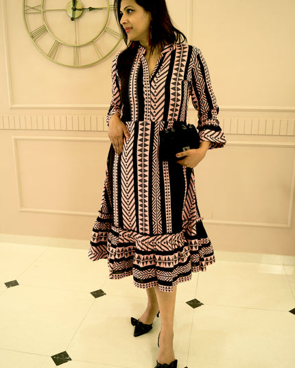 Quirky Tales Long Sleeve Ruffle Trim Black-Peach Dress