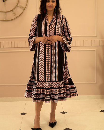 Quirky Tales Long Sleeve Ruffle Trim Black-Peach Dress