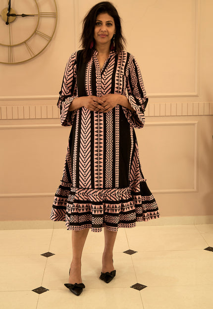 Quirky Tales Long Sleeve Ruffle Trim Black-Peach Dress