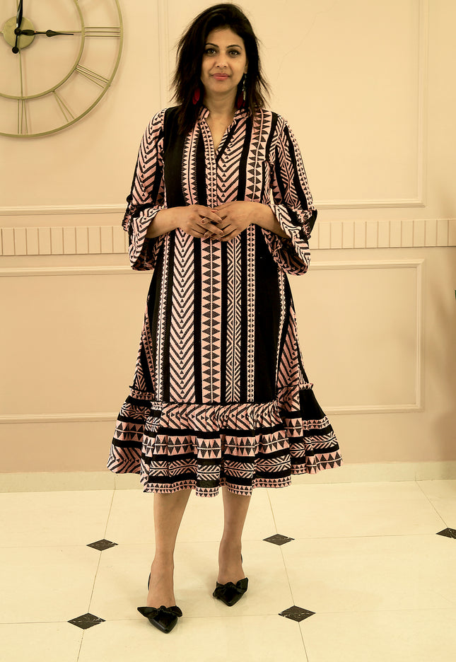 Quirky Tales Long Sleeve Ruffle Trim Black-Peach Dress