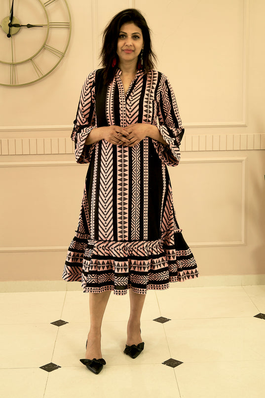 Quirky Tales Long Sleeve Ruffle Trim Black-Peach Dress