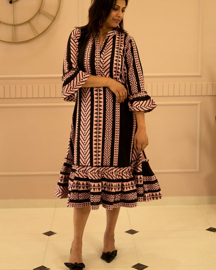 Quirky Tales Long Sleeve Ruffle Trim Black-Peach Dress