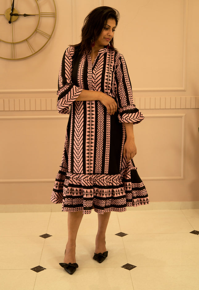 Quirky Tales Long Sleeve Ruffle Trim Black-Peach Dress