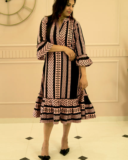 Quirky Tales Long Sleeve Ruffle Trim Black-Peach Dress