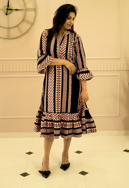 Quirky Tales Long Sleeve Ruffle Trim Black-Peach Dress