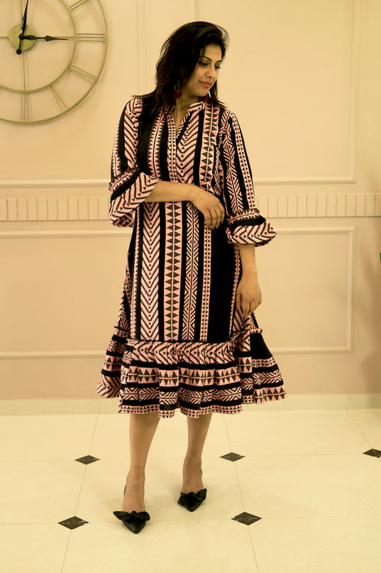 Quirky Tales Long Sleeve Ruffle Trim Black-Peach Dress