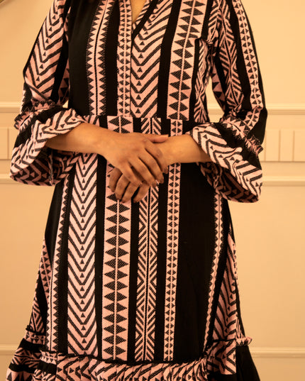 Quirky Tales Long Sleeve Ruffle Trim Black-Peach Dress