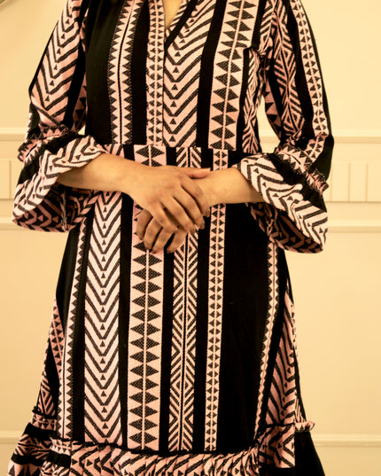 Quirky Tales Long Sleeve Ruffle Trim Black-Peach Dress