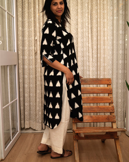 Trikona Bloom Ikkat Cotton Apple Cut Black Kurti