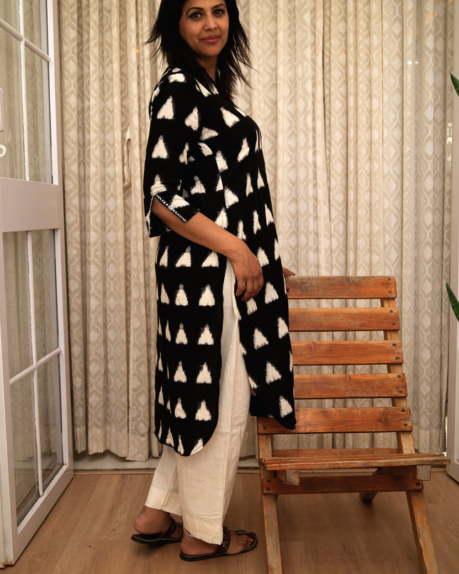 Trikona Bloom Ikkat Cotton Apple Cut Black Kurti