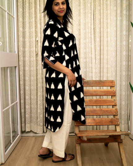 Trikona Bloom Ikkat Cotton Apple Cut Black Kurti