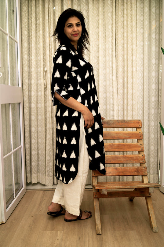 Trikona Bloom Ikkat Cotton Apple Cut Black Kurti