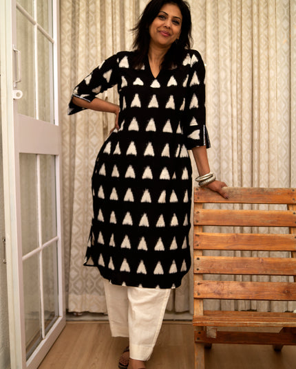 Trikona Bloom Ikkat Cotton Apple Cut Black Kurti