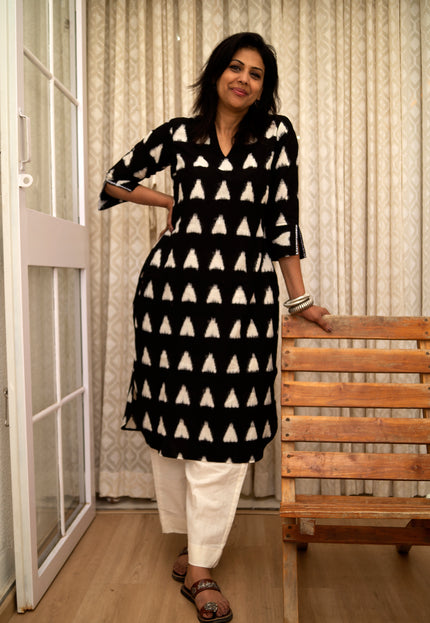 Trikona Bloom Ikkat Cotton Apple Cut Black Kurti