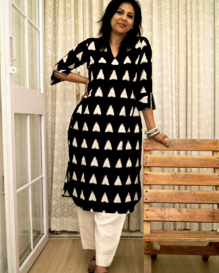 Trikona Bloom Ikkat Cotton Apple Cut Black Kurti