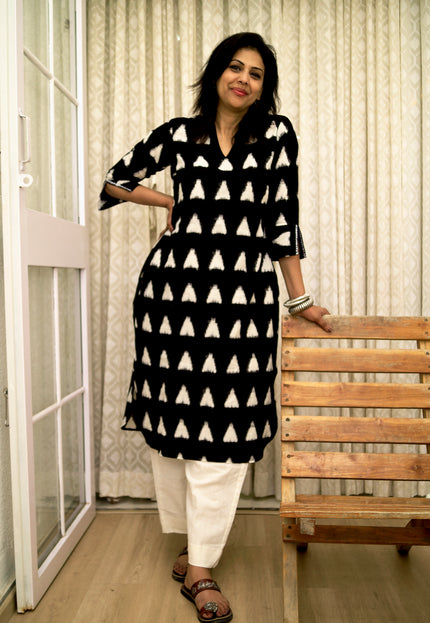 Trikona Bloom Ikkat Cotton Apple Cut Black Kurti