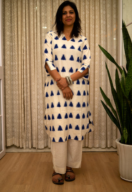 Trikona Bloom Ikkat Cotton Apple Cut White Kurti